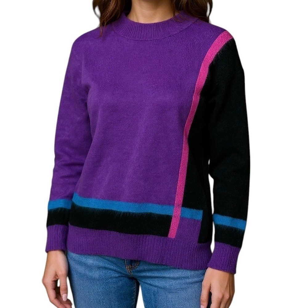 Vintage Angora Colorblock Fuzzy Sweater Womens M Cozy Knit Purple Mock Neck